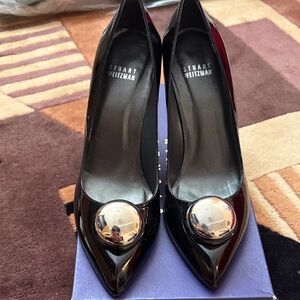 Stuart Weitzman Black Patent leather Heels with Silver Details size 7.5 W
